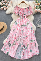 Robe longue trapèze à volants et col bateau, taille élastique, pour les vacances